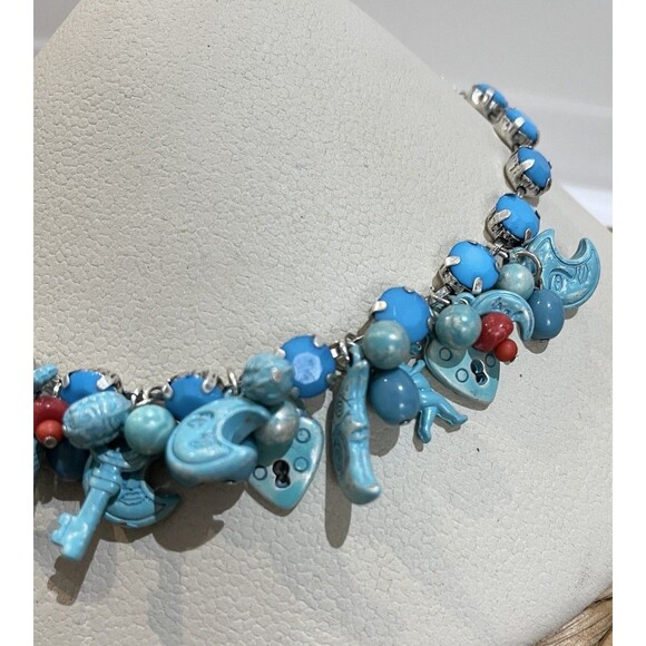 Cha Cha Blue Moon Cherubs Dangle Bib Chocker Necklace Set Silver Tone Celestial - Picture 4 of 10